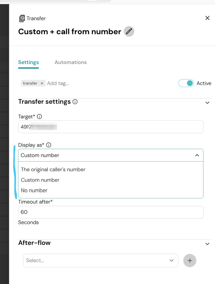 The Display as dropdown on the Transfer step, expanded, showing the three options: The original caller’s number, Custom number, and No number.